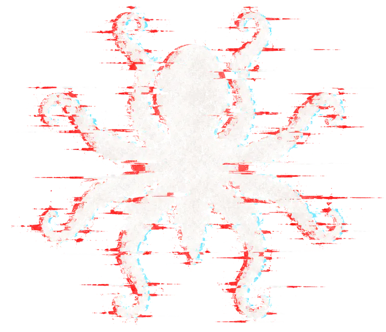 The octopus: eight arms spread around a round mantle, drawn in chalk and torn by a display glitch.